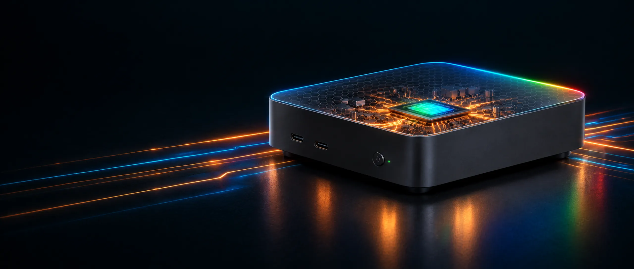 A small on-device AI desktop with its processor and board traces lit up